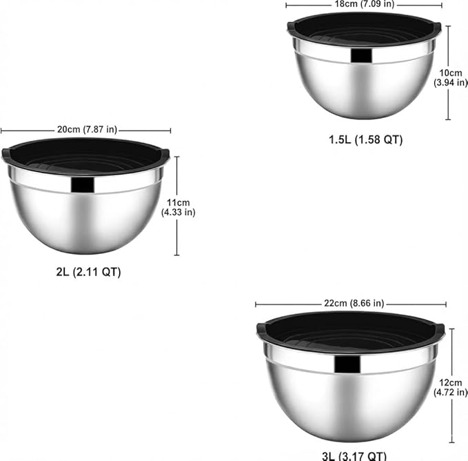 TEEM Stainless Steel 304 Mixing Bowls with Airtight Lids, Set of 3 Large Medium Small 1.5L 2L 3L (1.6QT 2.1QT 3.2QT) Food-Grade Metal Nesting Salad Bowls - Rust-Resistant, Dishwasher Freezer Safe