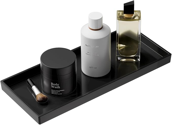 Mriluvy Vanity and Bathroom Tray, 11.8" ABS Countertop Organizer,Waterproof Vanity Tray for Toilet Tank,Perfume,Soap,Keys,Bathroom Accessories,Kitchen and Bath Trays,Non Slip Small Trays,Black