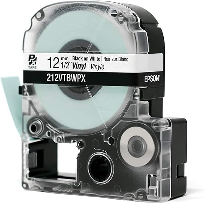 Epson LABELWORKS 212VTBWPX-5PK Tape Cartridge - 5 Pack Black on White Flexible and Durable Vinyl Industrial Label Maker Tape - 1/2" (12MM) Wide, 22.9 ft - 5 Cartridges