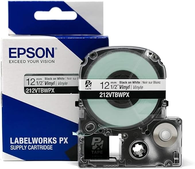 Epson LABELWORKS 212VTBWPX-10PK Genuine Tape Cartridge - 5 Pack Black on White Flexible and Durable Vinyl Industrial Label Maker Tape - 1/2" (12MM) Wide, 22.9 ft - 10 Cartridges