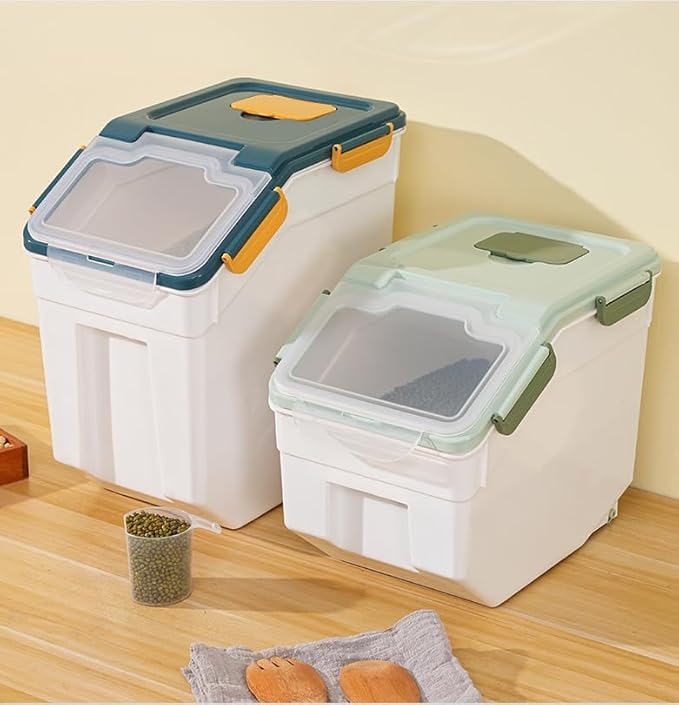 Airtight Rice Container Set 25 lbs, 4 Packs Flour Storage Containers with Wheels Seal Locking Lid, Food Storage Containers BPA Free with Measuring Cup & Scoop for Grain, Rice, Flour (Dark Blue)
