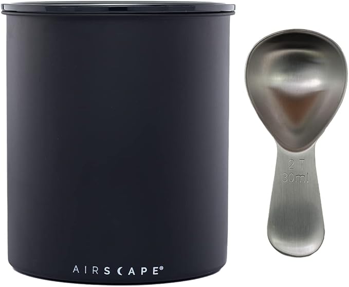 AirScape Kilo Coffee Storage Canister & Scoop Bundle - Large Food Container - US Patented Airtight Lid 2-Way Valve Preserve Food Freshness, 2.2 lb Dry Beans (Large Matte Black & Brushed Steel Scoop)
