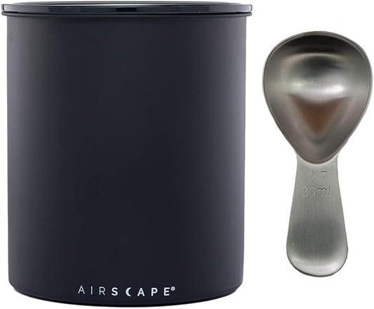 AirScape Kilo Coffee Storage Canister & Scoop Bundle - Large Food Container - US Patented Airtight Lid 2-Way Valve Preserve Food Freshness, 2.2 lb Dry Beans (Large Matte Black & Brushed Steel Scoop)
