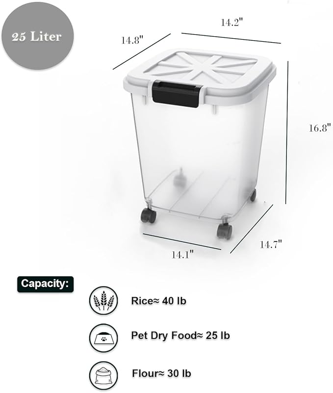 HANAMYA 40 LB Rice Storage Container with Measuring Cup, BPA free, For Rice | Grain | Pet Food | Flour, 2 count, Clear & Black