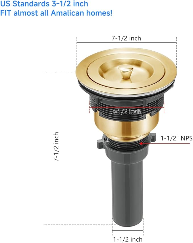 POPFLY 3-1/2 Inch Sink Drain Assembly Brushed 304 Stainless Steel Removable Deep Strainer Basket, Rust-Proof & Easy Install with Sealing Lid＆Tailpiece, for Home/Bathroom/Commercial Sinks, Gold