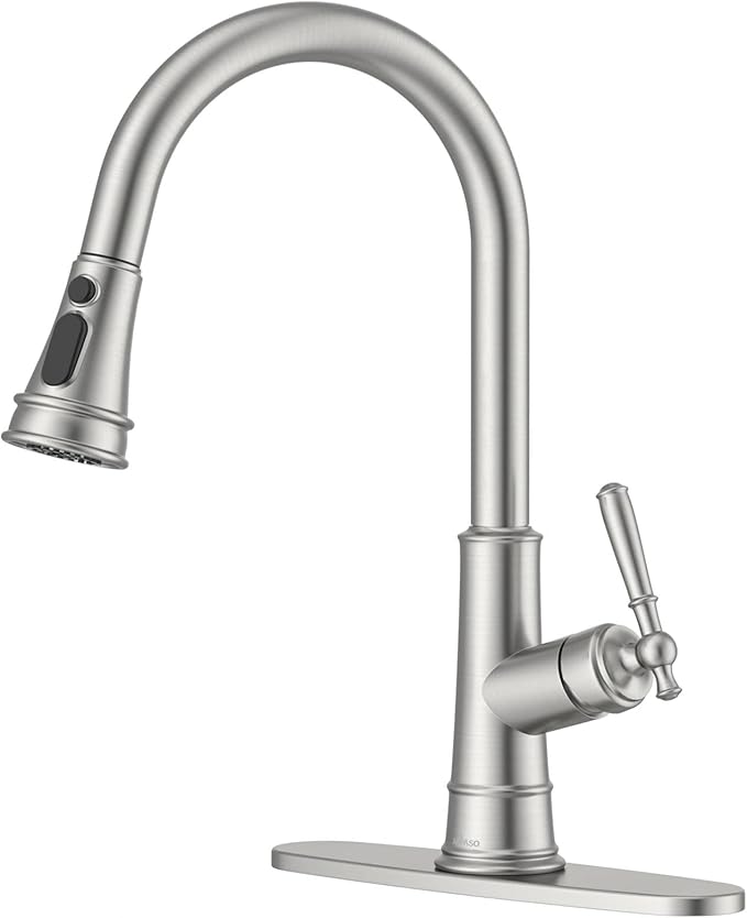 APPASO Pull Down Kitchen Faucet with Sprayer, Stainless Steel Single Handle High Arc Single Hole Pull Out Kitchen Sink Faucets Brushed Nickel, cUPC-Certified Pull-Out Hose, Water Supplies & Valve