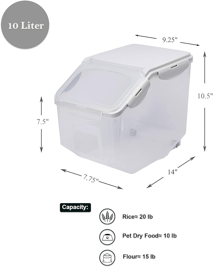 HANAMYA 10 Liter / 20 lbs Rice Storage Container with Measuring Cup, BPA free, For Rice | Grain | Pet Food | Flour, 2 counts, Clear