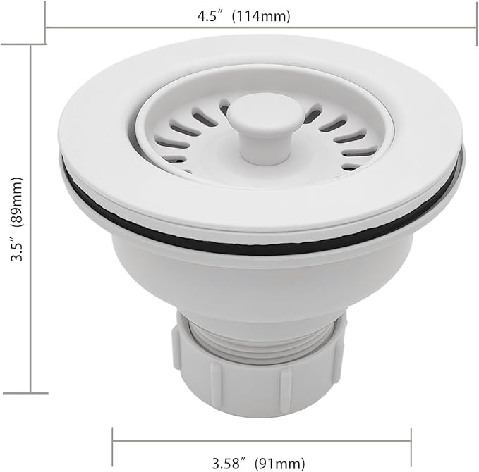 White Kitchen Sink Drain Assembly, 3-1/2 inch Polymer Kitchen Drain Strainer Kit with Removable Basket Strainers Stopper Matching for Granite/Fireclay Sinks