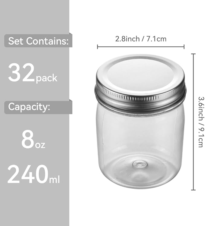 Plastic Mason Jars Reusable Storage Containers with Silver Airtight Lid 8 Ounce Clear Jars for Dry Foods, Coffee,BPA Free (32 Pack-Sliver)