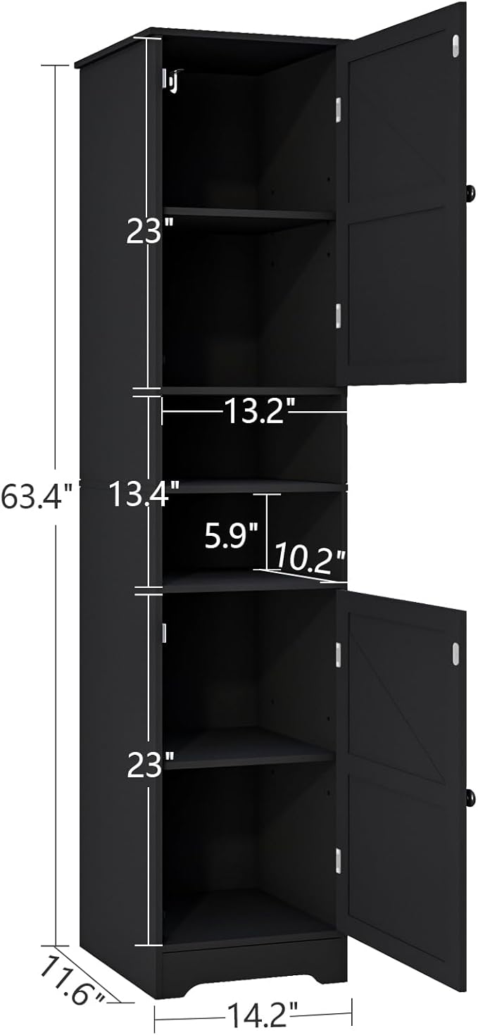Viaozutis Tall Bathroom Storage Cabinet, Vertical Freestanding Organizer with Adjustable Shelf, Slim Design for Small Bathrooms, Towels & Toiletries Storage Black