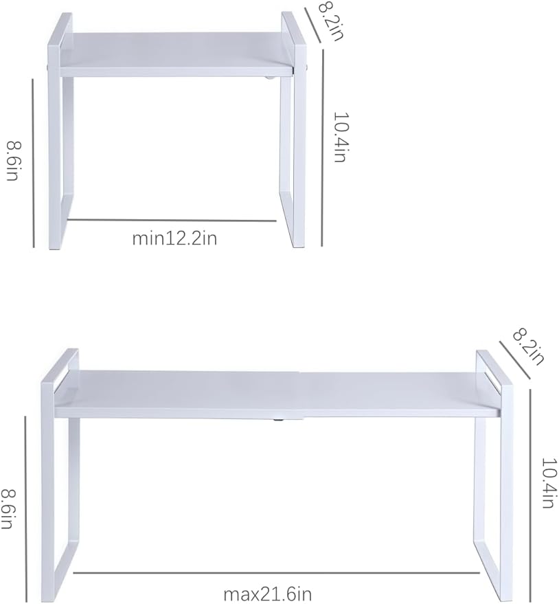 LJHFUQHUHU 2 Pack Expandable Cabinet Shelf Organizer Riser for Kitchen Pantry Cupboard Under Sink Countertop (2 Pack 8.2’’D * 12.2-21.6’’W * 10.4’’H) (White)
