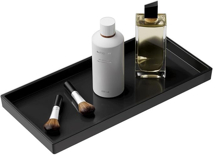 Mriluvy Vanity and Bathroom Tray, 9.8" ABS Countertop Organizer,Waterproof Vanity Tray for Toilet Tank,Perfume,Soap,Keys,Bathroom Accessories,Kitchen and Bath Trays,Non Slip Small Trays,Black