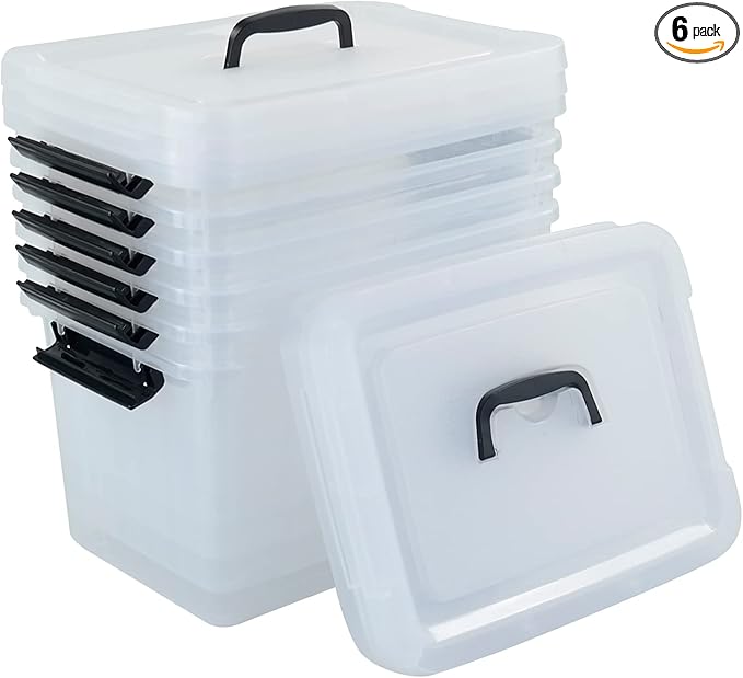 10 L Plastic Clear Storage Box, Plastic Latching Box with Lid, 6-PACK