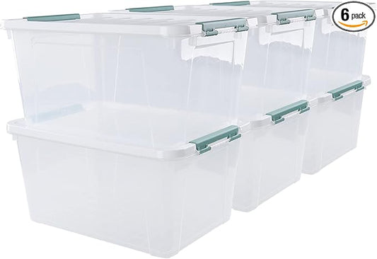 Plastic Latch Storage Box, 35 Quart, Pack of 6, Large Clear Plastic Bins