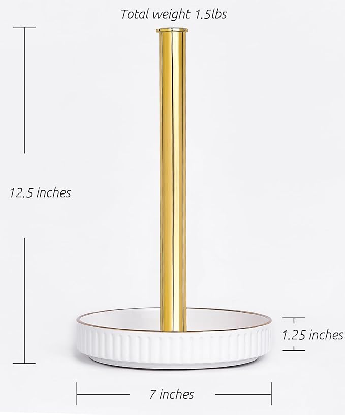 VROOMIUM Gold Paper Towel Holder Countertop, Ceramic Base Easy-to-Clean, 1.5 lbs, 7" B x 12.5" H, Stable Elegant and Durable Kitchen Roll Stand