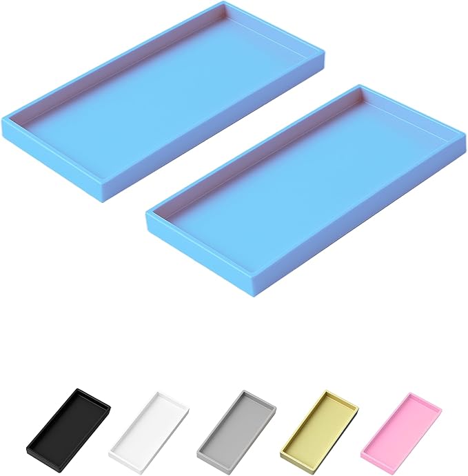 Mriluvy Vanity and Bathroom Tray, 7.7" ABS Countertop Organizer,Waterproof Vanity Tray for Toilet Tank,Perfume,Soap,Keys,Bathroom Accessories,Kitchen and Bath Trays,Non Slip Small Trays,Blue,2 Pack
