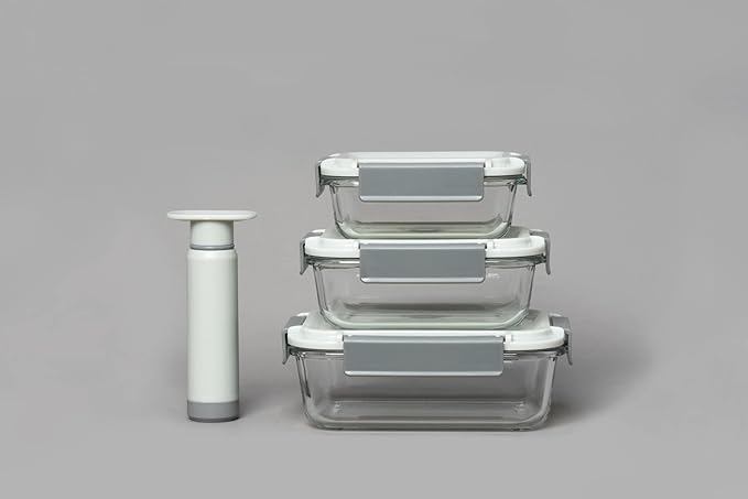 Genicook GENI-FRESH Vacuum Sealable Glass Container and Manual Pump, Set of 3, Grey, Kitchen Accessories