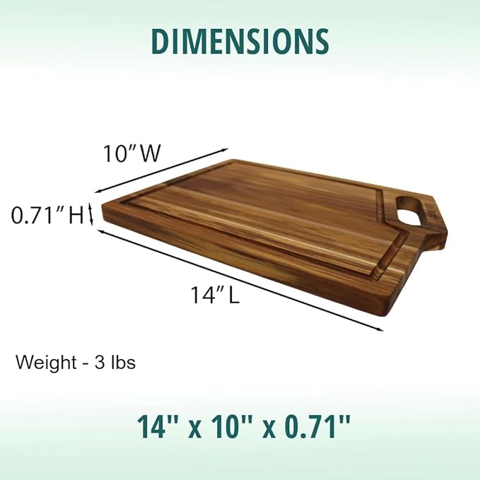 EcoDecors 14"x10" Teak Cutting Board with Juice Groove & Handle, FSC Certified Edge Grain Wood, Chopping, Carving & Serving Board for Kitchen