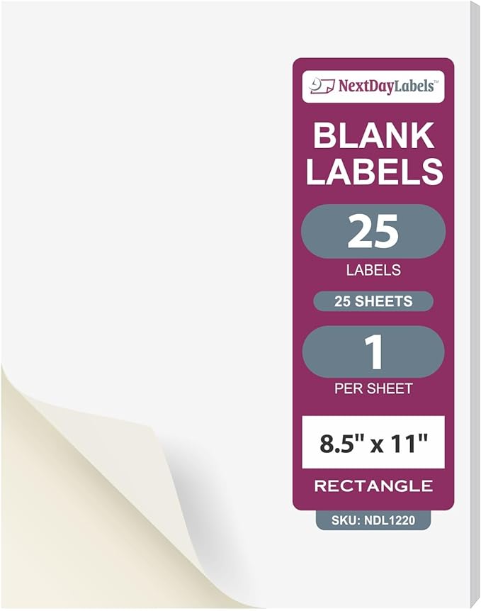 NextDayLabels 8.5x11 Full Sheet Stickers White Blank Labels for Laser Inkjet Printer - 1 Per Page Self-Adhesive Shipping Product Packaging Made in USA - 25 Labels