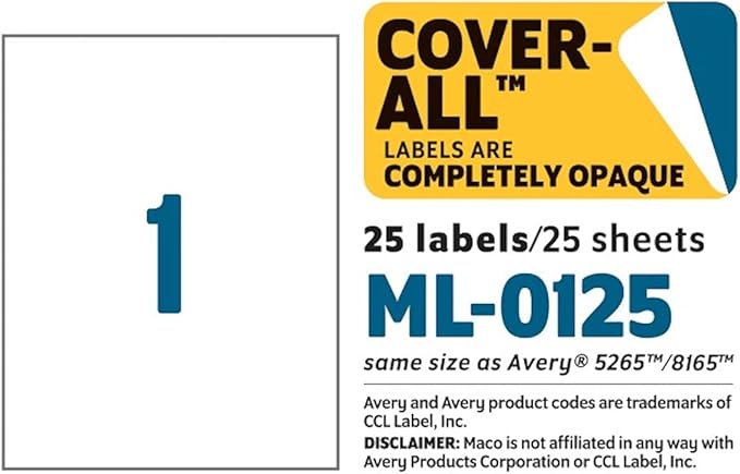 MACO Laser/Ink Jet White COVER-ALL Full Sheet Labels, 8-1/2" x 11", 1 per Sheet, 25 per Pack (ML-0125)