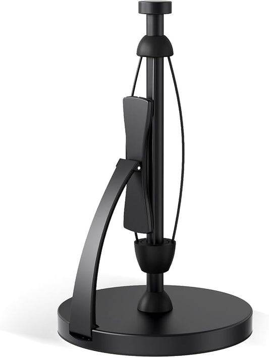 VEHHE Paper Towel Holder Countertop, Black Paper Towel Holder with Spring Activated Arm and Damping Effect, Simply Tear Paper Towel Stand for Bathroom and Kitchen (Black)