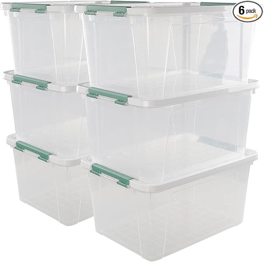 Plastic Storage Bin, Stackable and Nestable Storage Boxes with White Lids and Secure Latching Buckles, Large Storage Container (Clear, 35 Quart-6 Pack)