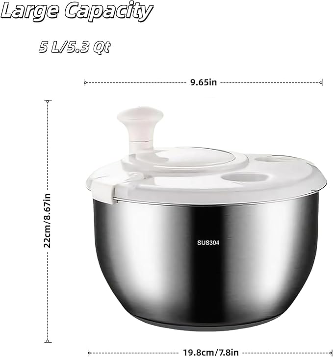 6L Stainless Steel Salad Spinner, Salad Spinner Large,Lettuce Spinner, Quick Spin for Drying Vegetables, Vegetable Dryer, Fruit Washer, Pasta & Fries Produce Strainer A Must-Have for Your Kitchen