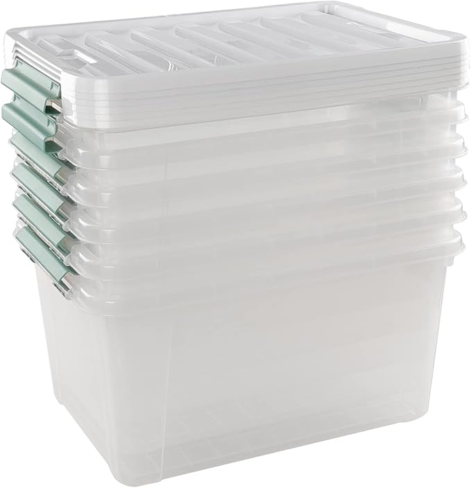 Plastic Storage Bin, Stackable and Nestable Storage Boxes with White Lids and Secure Latching Buckles, Large Storage Container (Clear, 35 Quart-6 Pack)