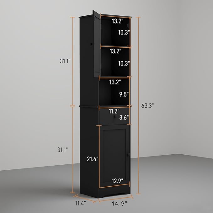 Viaozutis Tall Bathroom Cabinet, Storage Cabinet with 2 Doors & 2Drawer, with Ajustable Shelve, for Bathrooms, Kitchens,Entrances,Bedrooms（Black）