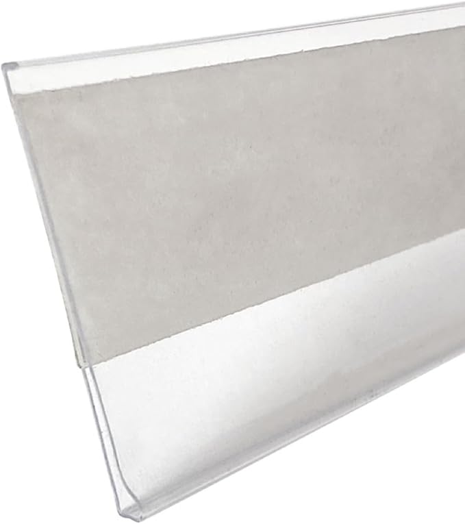 Shelf Label Strips, 100 Pack Self Adhesive 1.25”H Shelf Label Holder Price Tag Strips for Metal Wood or Plastic Gondola Shelf, PVC Plastic Clear Front/Clear Back Sign Holder Strip for 36” Long Shelf