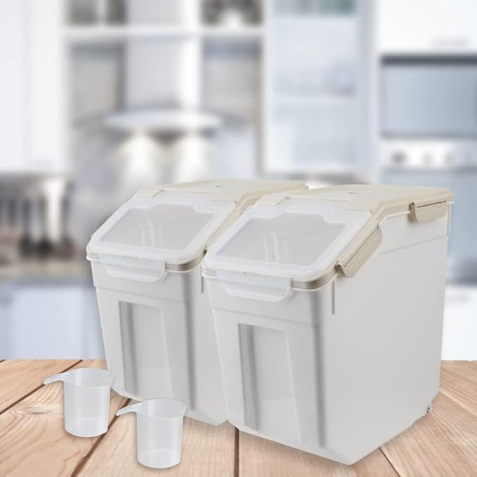 AnRui Airtight Rice Storage Container 30LBS, Large Flour Storage Containers BPA Free Kitchen Pantry Food Storage Bin Sugar Snack Cereal Grain Organizer Box with Wheel, Scoop, 4Pack, Grey
