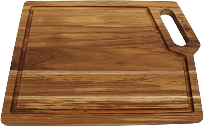 EcoDecors 14"x10" Teak Cutting Board with Juice Groove & Handle, FSC Certified Edge Grain Wood, Chopping, Carving & Serving Board for Kitchen