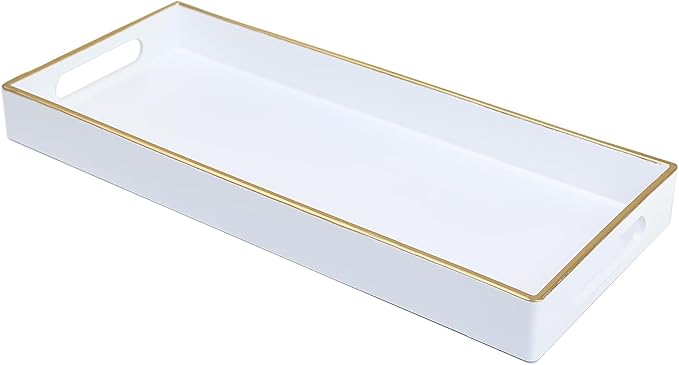 Leemxiiny White Bathroom Vanity Tray for Countertop, Small Plastic Toilet Tank Versatile Storage & Organization Tray for Makeup, Perfume, Desk, Kitchen, Candles, 13.7"x6"x1.4", 35W