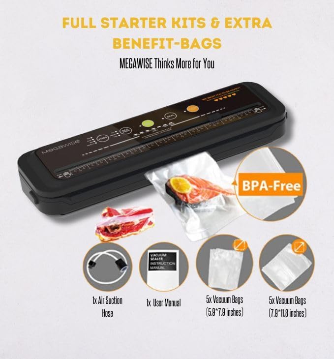 MEGAWISE Model B 2025 Vacuum Sealer | Powerful & Compact | One-Touch Automatic Food Sealer for Cold, Wet, Moist, and Dry Foods | Compatible with Thick, Medium, and Thin Bags | OMNI MACHINE (Black)