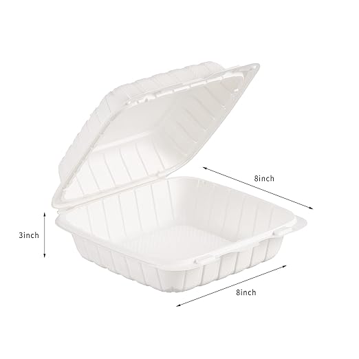 8X8" 1-Compartment 50Pack Plastic Clamshell Take Out Food Containers Heavy-Duty Togo Disposable Lunch Box With Secure Snap Hinged Lid Meal Prep for Parties Restaurants and Food Trucks Microwave Safe