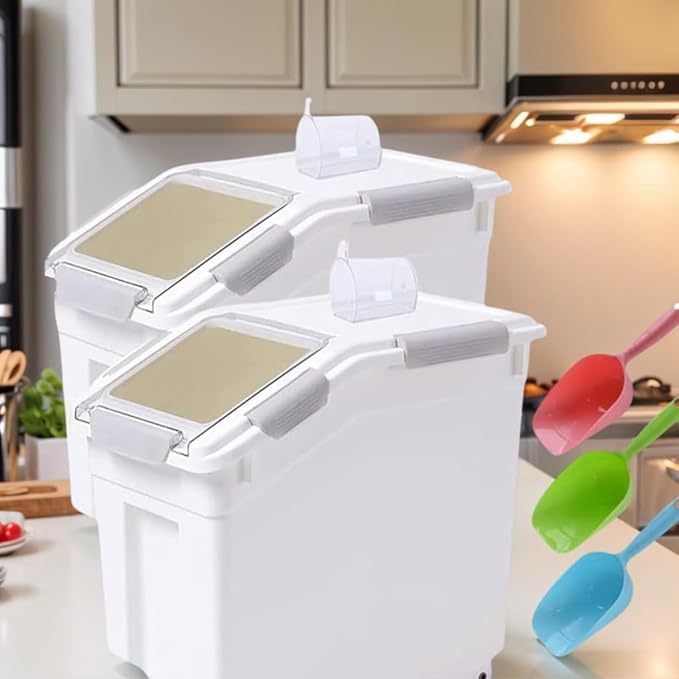 Saim Rice Container 25 lbs, Large Airtight Flour Storage Container with Wheels Measuring Cup, 2 Pack a Set BPA free Food Bin Grain Organizer Box for Dry Baking Supplies Kitchen Pantry Cereal (Gray)