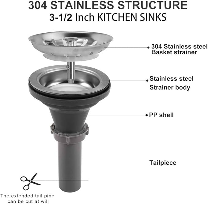 3-1/2'' ﻿Kitchen Sink Drain Kit Sink Drain Basket Sink Drain Assembly 304 Stainless Steel Sink Strainer Basket Stopper for Home Standard Kitchen Sinks （Tailpiece Included）