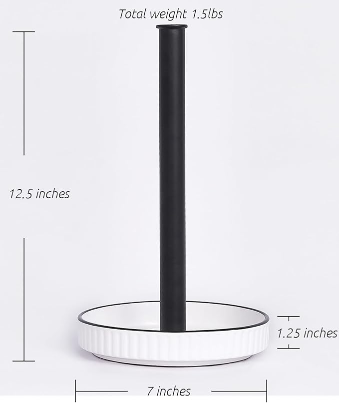 VROOMIUM Black Paper Towel Holder Countertop, Ceramic Base Easy-to-Clean, 1.5 lbs, 7" B x 12.5" H, Stable Elegant and Durable Kitchen Roll Stand