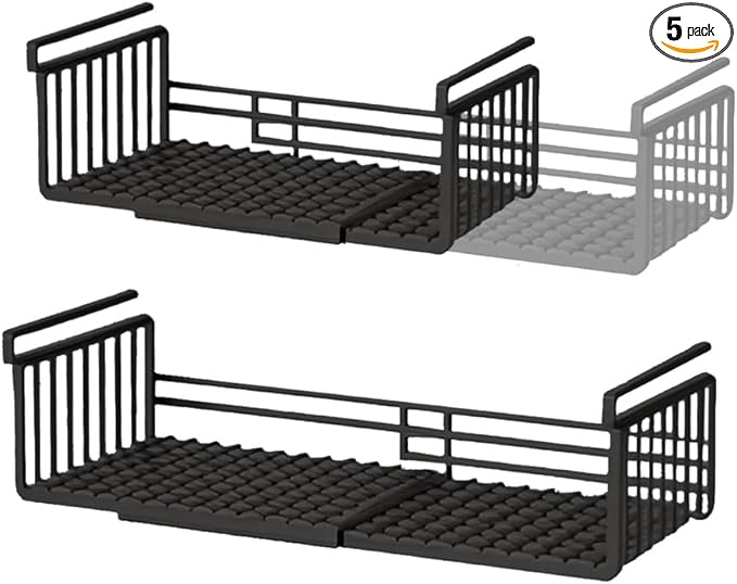 Extendable Under Shelf Storage Basket, Hanging Baskets Under Cabinet Shelf Organizer, for Cabinet Pantry Kitchen Cupboard Desk Counter Bookshelf Space Saver Heavy Duty Slide-in (Black, 2 Pack)