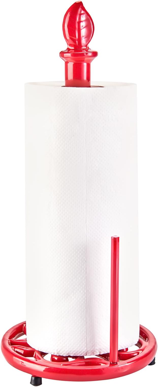 JOGREFUL Paper Towel Holder Stand, Cast Iron Kitchen Paper Towel Countertop Vintage Stand with Weighted-Base, Bathroom Organization for Family Standard Large Size Roll Paper, Leaf Top, Red