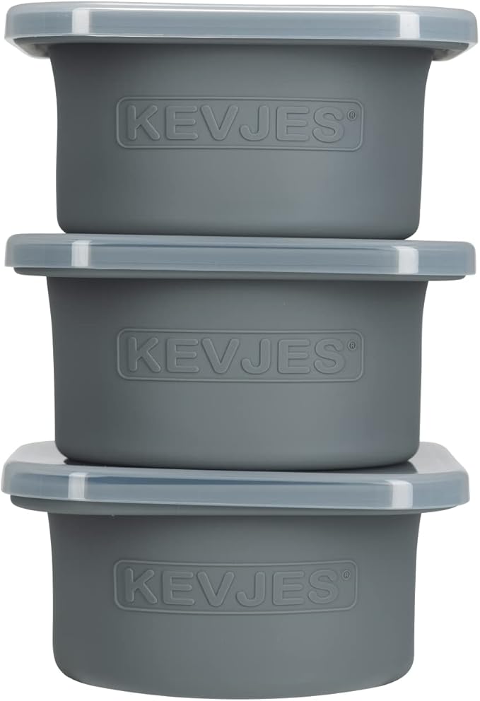 KEVJES PLUS Large 1000ml Pizza Dough Proofing Boxes for DIY Artisan Pizza, Food Grade Silicone Stackable Containers with Lids. Freezer, Fridge, Dishwasher Safe (3Space Grey Plus)