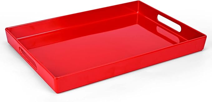 XMNFLY Serving Tray with Handles-10x15Inch Red Melamine Modern Serving Platters,Serving Wine,Coffee,Breakfast/Kitchen Countertop Tray/Makeup Drawer Organizer/Vanity Table Tray/Decorative Tray