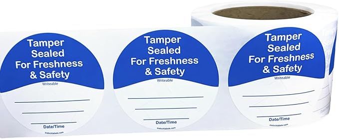 InStockLabels 500 Blue/White Circle Tamper-Evident Food Seal Stickers with Date and Time Section, Labels for Food Containers (3 Inches)