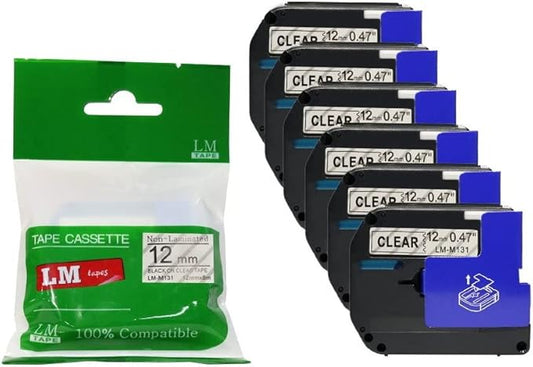 6/Pack LM Tapes - Premium Compatible 1/2" (12mm) Black on Clear M Series P-Touch Tape, Replaces M131
