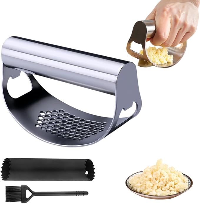 2026 New Heavy Duty Stainless Steel Garlic Press - Garlic Crusher Tool with Peeler and Cleaning Brush, Essential Kitchen Gadgets for Garlic Lovers (2 sets)