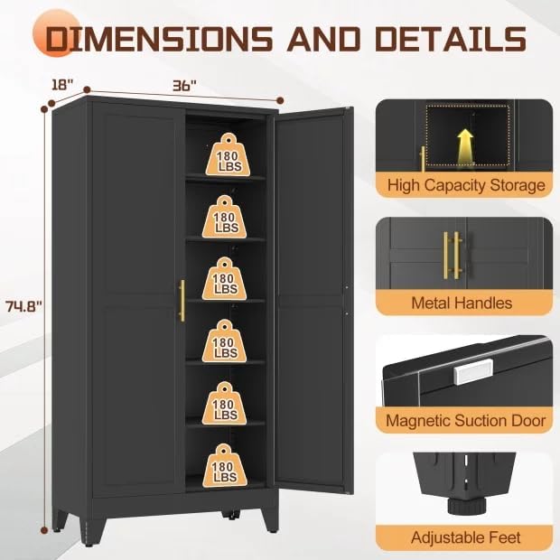 PAOFIN 75" Metal Kitchen Pantry Cabinet,Black Storage Cabinet with Doors and 5 Adjustable Shelves, Cabinet with 2 Metal Handles,Tall Cabinet for Livingroom,Pantry, Bathroom,Kitchen