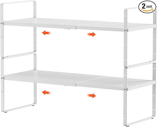 jkxoo 2Pack 16.5-27’’L Expandable Kitchen Shelf Organizer, Stackable Shelves Organizer, Adjustable Height Pantry Spice Rack for Cabinet, Countertop, Pantry and Cupboard, White