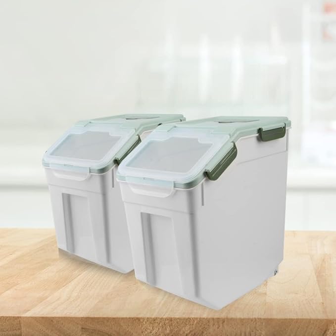 2 Pack Large Flour Storage Container 50 lb Airtight Rice Storage Container with Lid, Wheels, Measuring Cup, Scoop, Plastic Flour Sugar Bin Organizer for Grain Cereal, Rice Dispenser (Green)