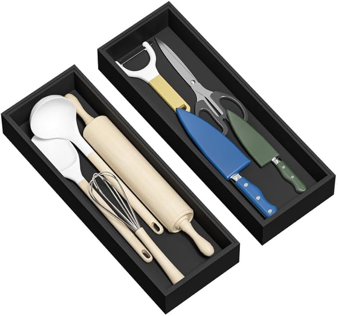 Greatseas Kitchen Drawer Organizer Tray, Stackable Black Bamboo Drawer Organizer for Large Silverware, Utensils, Cutlery, Flatware, Junk, Dresser, Bathroom, 17" x 6" x 2.5" (Set of 2)