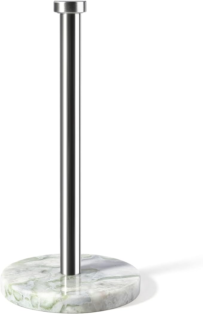 Koville African Marble Paper Towel Holder Countertop, 6" Stone Base Gold Rod Paper Towel Holder Stand for Kitchen Storage, for Standard or Jumbo-Sized Rolls